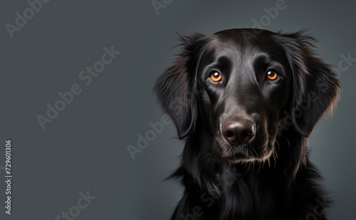 Portrait of a black labrador retriever on a dark gray background. Copy space for text, message, logo, advertising.