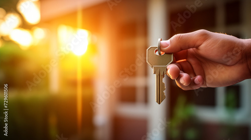 Keys in hand to the house. Real estate business, new homes and mortgages photo