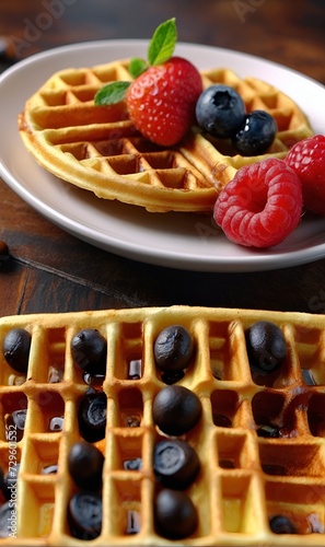 breakfast, table set, waffles, coffee, cream, berries and more.