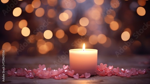 A lit candle surrounded by pink hearts on a wooden table. Blurred lights in the background. Concept: Valentine's Day.