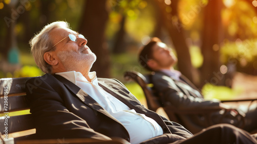 Two men in business attire are relaxing on park benches, enjoying the warm sunlight among the trees, with one wearing sunglasses