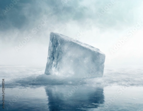 The ice cube in the middle of the sea with fog ; Illustration of iceberg in the frosty cold water