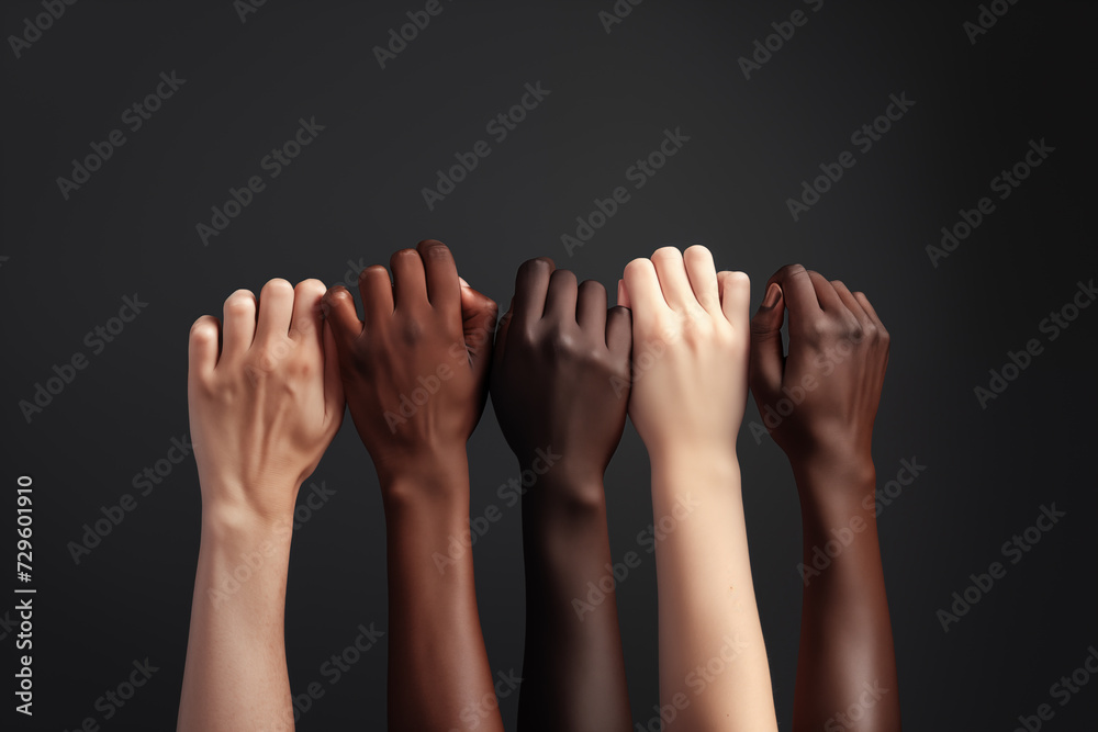 Hands of different skin colors and races. Equality and unity concept Hands of different skin colors and races. Equality and unity concept