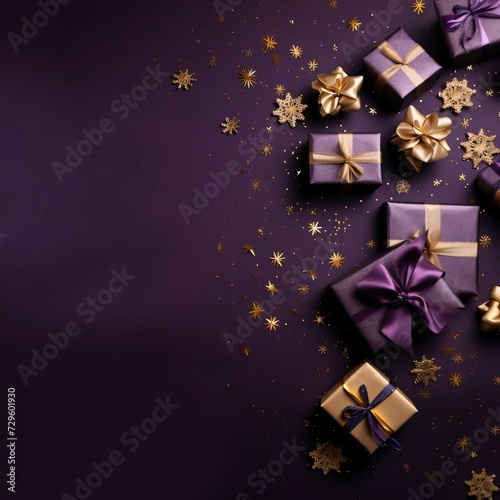 Top view of purple boxes, gifts with gold bows and gold scattered confetti, blue background. Gold stars.Valentine's Day banner with space for your own content.