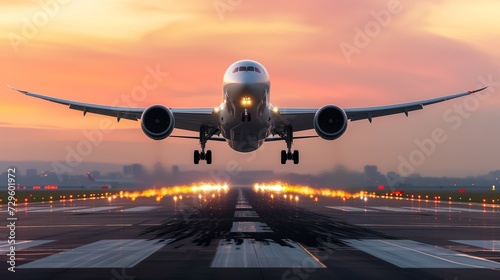 A large jetliner taking off from an airport runway at sunset or dawn with the landing gear down and the landing gear down, as the plane is about to take off.