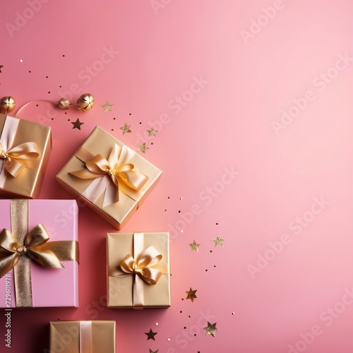 Overhead view of gold and pink gifts treasures gold stars, confetti on pink background.Valentine's Day banner with space for your own content.