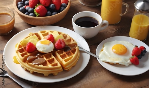 breakfast, table set, waffles, coffee, cream, berries and more.