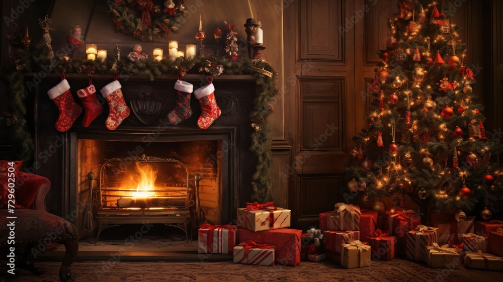 Room with a mass of gifts and a Christmas tree and fireplace hanging socks on the mantelpiece.Valentine's Day banner with space for your own content.