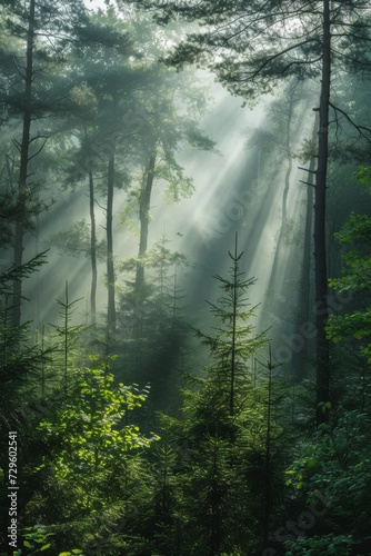 A tranquil forest shrouded in mist  with sunlight filtering through the tranquil trees