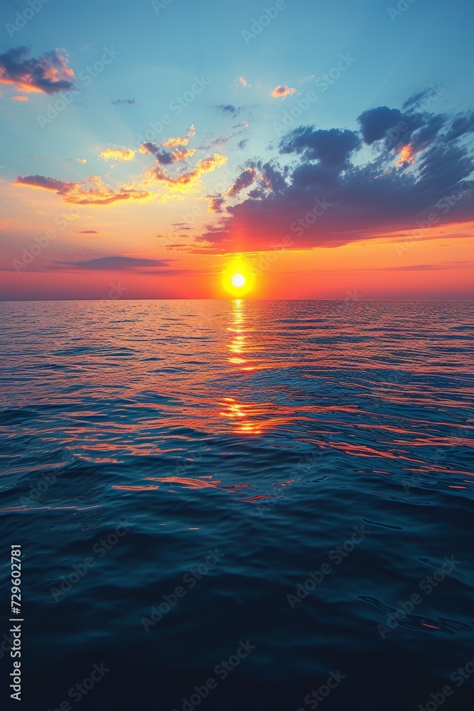 A serene sunset over calm waters, casting a warm, soothing glow on the horizon