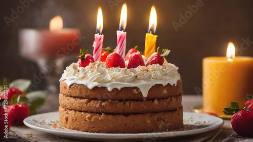 Homemade Sweet Birthday Cake with Candles Ready to Serve