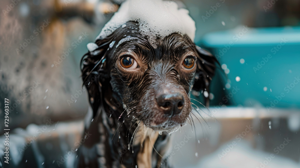 Close-up of a wet, wide-eyed black dog covered in soap suds during a bath, with water droplets in the air. - obrazy, fototapety, plakaty 