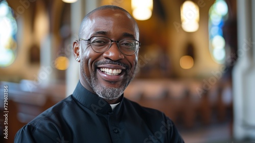 A smiling clergy member, exuding positivity and spirituality within the church