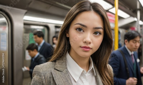 Urban Elegance: Young Asian Woman Glides Through Rush Hour in Tram Chic