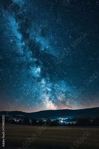 A serene starry night sky over a tranquil countryside, free from light pollution