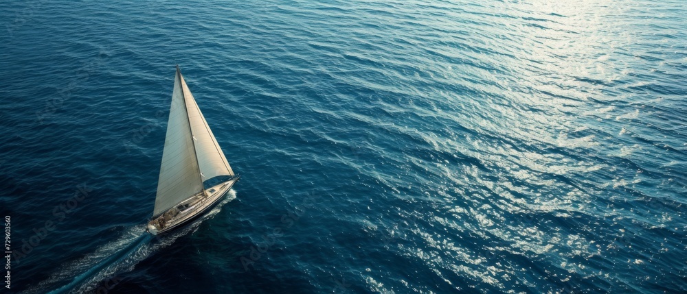 Aerial view of a sailboat sailing the glistening sea, its sails catching the wind, symbolizing freedom and the call of the ocean