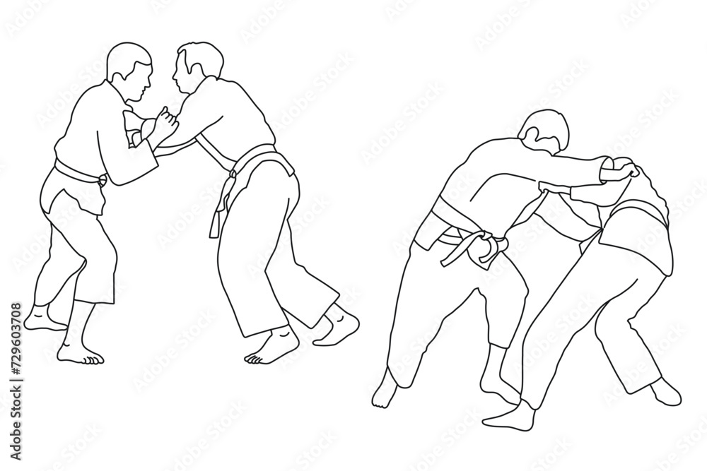 Line sketch of sportive judoka fighter. Judoist, judoka, athlete, duel, fight, judo, isolated vector Line sketch of sportive judoka fighter. Judoist, judoka, athlete, duel, fight, judo, isolated vector
