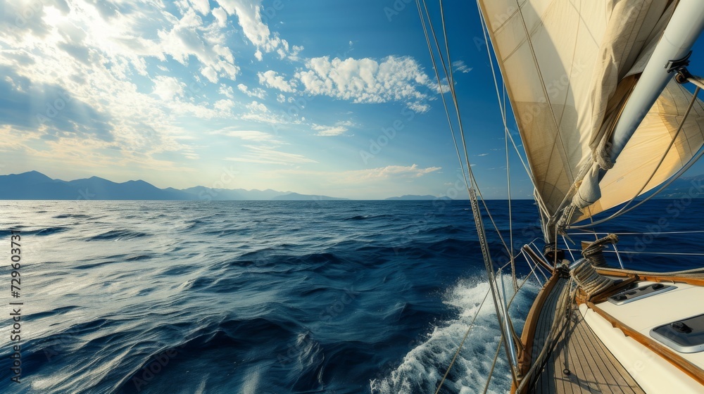 Obraz premium Close-up sailboat sailing on the expansive blue sea