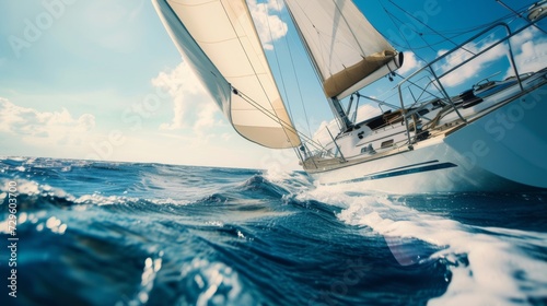 A detailed perspective of a sailboat's side as it sails on the expansive blue sea under a clear sky © mikeosphoto