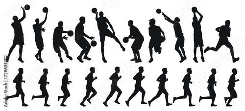 Vector set of male basketball players silhouettes, athletes runners. Basketball, athletics, running, cross, sprinting, jogging, walking photo