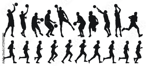 Vector set of male basketball players silhouettes, athletes runners. Basketball, athletics, running, cross, sprinting, jogging, walking