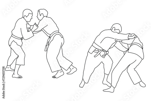 Line  sketch of sportive judoka fighter. Judoist, judoka, athlete, duel, fight, judo, isolated vector