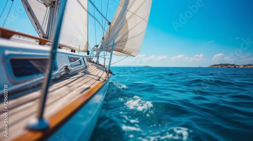 A yacht with white sails navigates the open blue sea, with fluffy clouds dotting the horizon