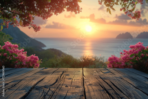 Serene Sunset View from Wooden Deck Overlooking the Ocean with Blooming Flowers