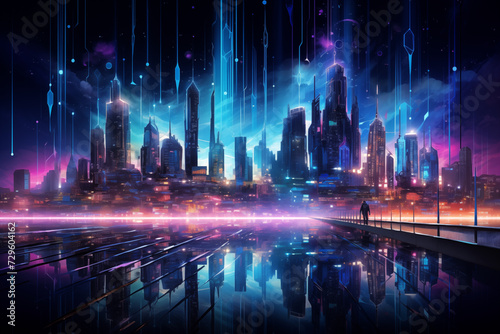Futuristic Cityscape with Luminous Skyscrapers at Night
