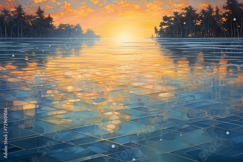 Sunset Reflections on Geometric Water Patterns