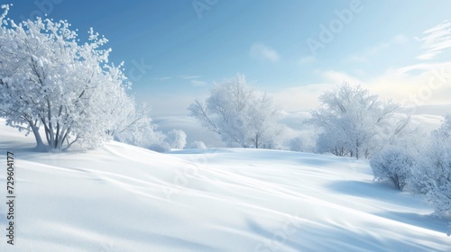 Winter Wonderland: Snow-Covered Trees and Untouched Snowscape Under a Clear Sky