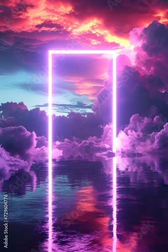 Background with a glowing neon frame in the sky