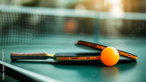 Two table tennis or ping pong rackets and balls placed on a green table with a net; with shallow depth of field, focusing on the rackets