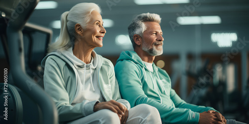 happy romantic elderly couple together in the sports and fitness room