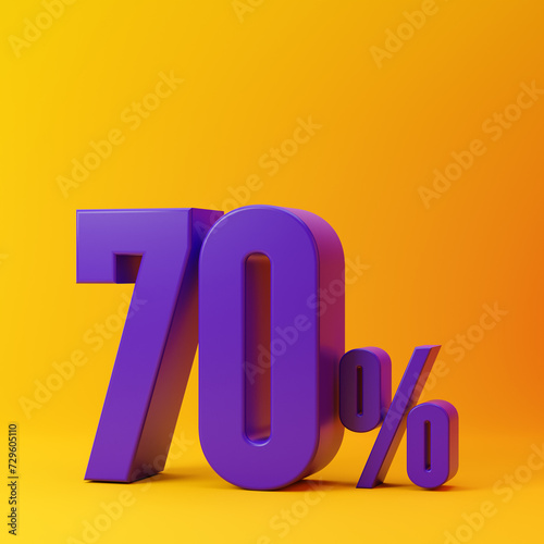 Purple seventy percent or 70 % isolated over yellow background. 3D rendering.