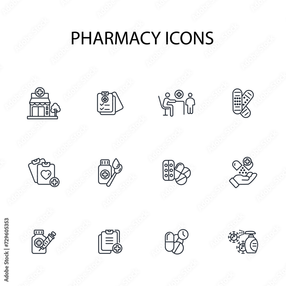 Pharmacy icon set.vector.Editable stroke.linear style sign for use web design,logo.Symbol illustration. Pharmacy icon set.vector.Editable stroke.linear style sign for use web design,logo.Symbol illustration.