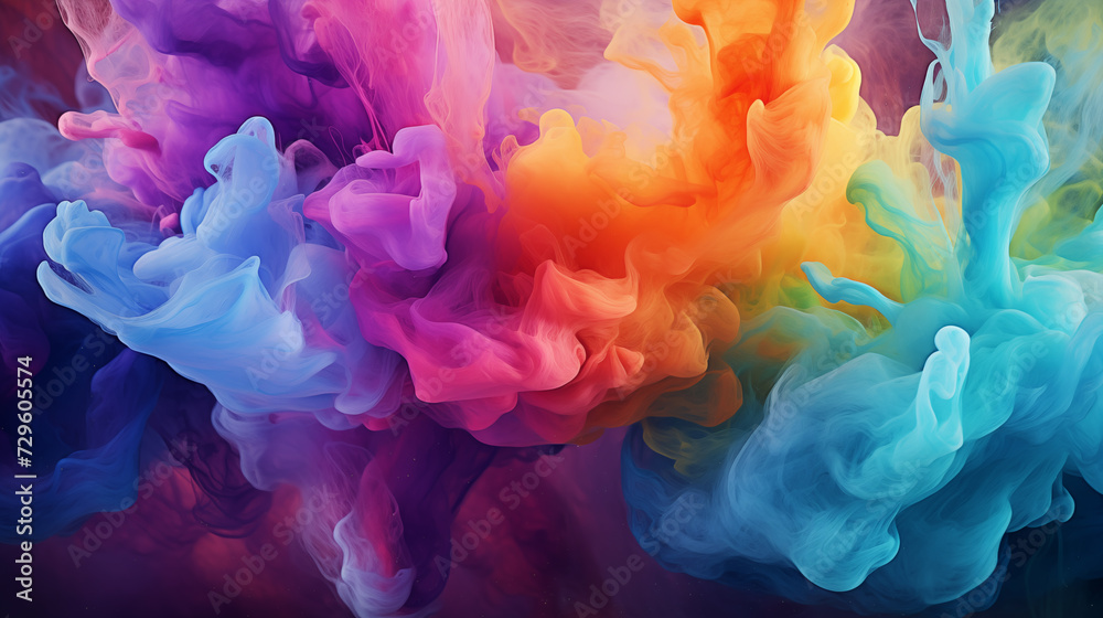 a photograph of colorful smoke or silk swirling in water, creating a mesmerizing abstract pattern reminiscent of the cosmic clouds of interstellar space.