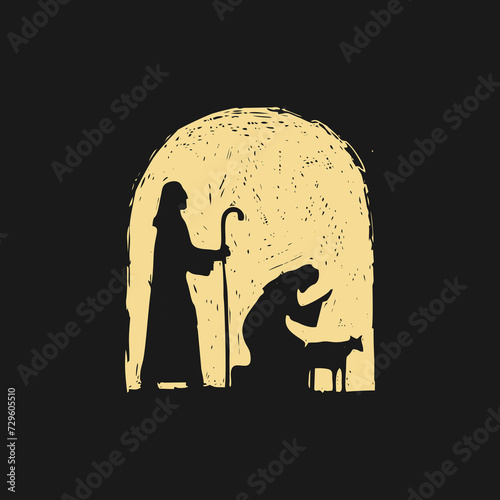 Hand drawn nativity scene. Shepherds come to worship the born Savior of the world.