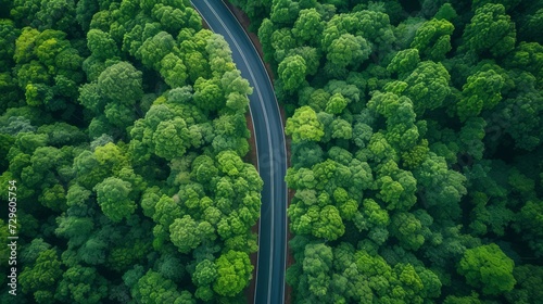 Aerial view of forest road, Healthy ecosystem and environment concept and background. Generative Ai © SAHURI