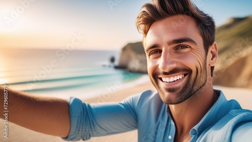 A handsome young man taking a selfie on a summer vacation day, A happy tourist smiling at the camera, A tourist strolling along the beach