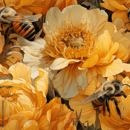 bees collecting honey on a flower field close-up