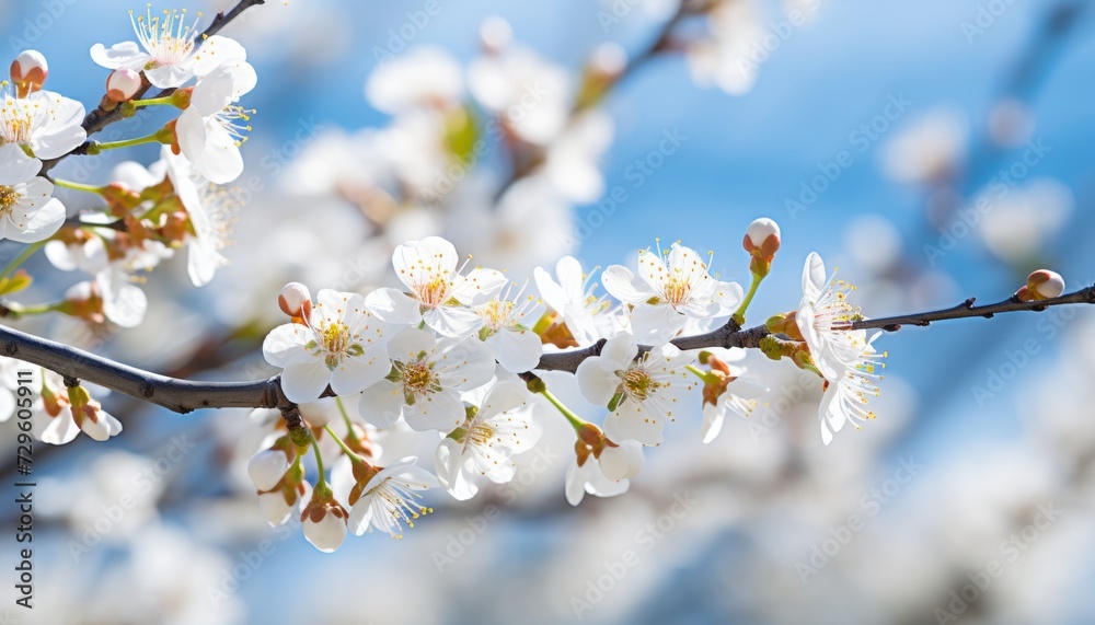 spring blossom of fruit trees, white flowers on a blue sky background spring blossom of fruit trees, white flowers on a blue sky background