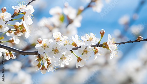 spring blossom of fruit trees  white flowers on a blue sky background