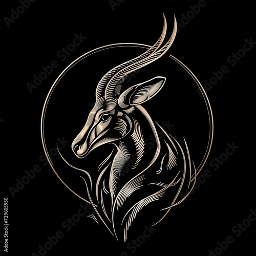 Flat logo antelope kuznetsk metal style on a black background. Kuznetsk metal style. photo