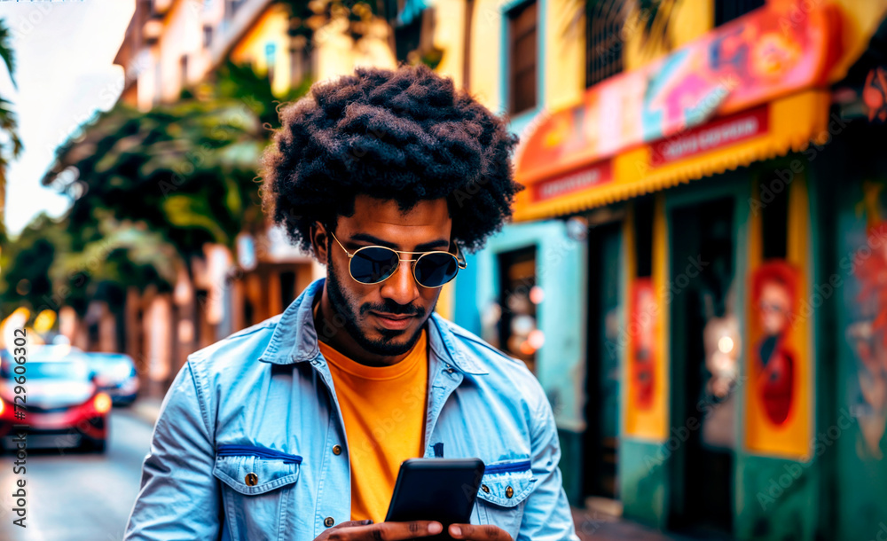 A man with sunglasses and an afro is looking at his phone while standing on a street. A man with sunglasses and an afro is looking at his phone while standing on a street.