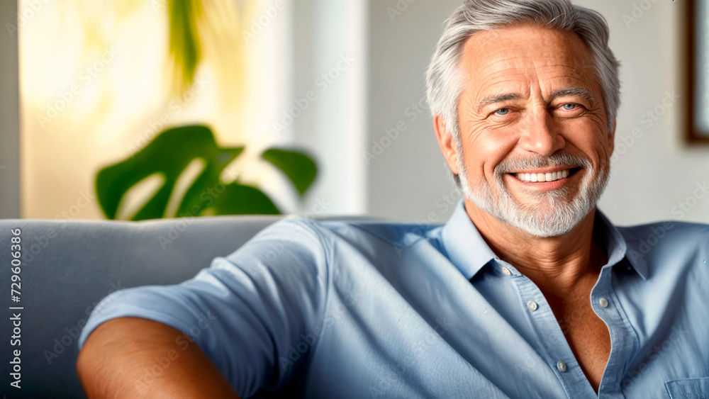 An older man with a beard is smiling and sitting on a couch. An older man with a beard is smiling and sitting on a couch.