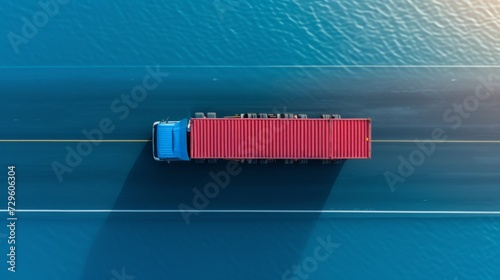 top view of semi truck with container cargo, Business logistic and transportation. Generative Ai