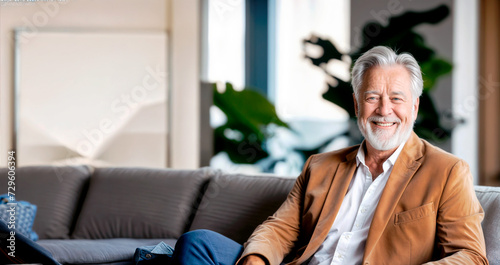 An older man with a beard is smiling and sitting on a couch.