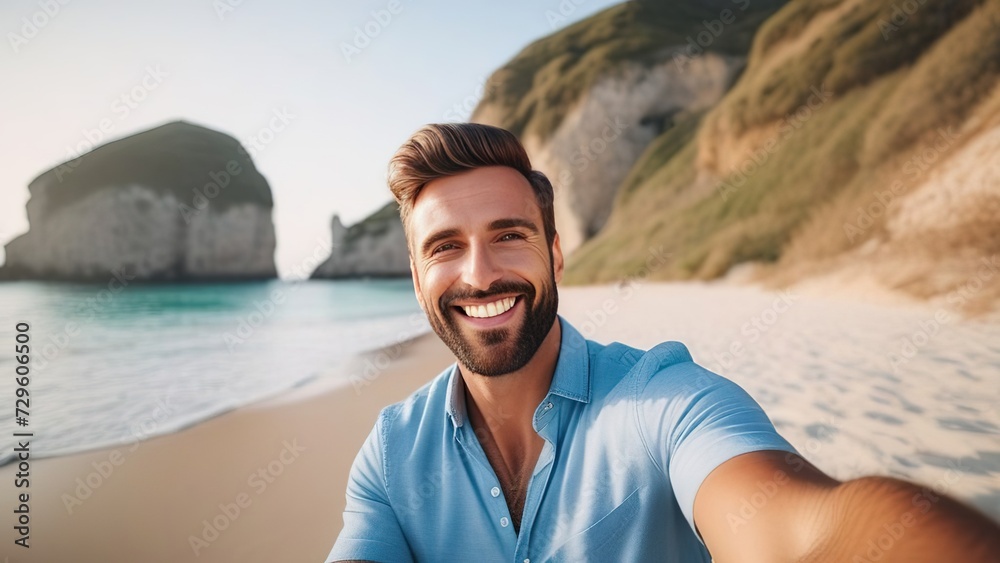 A handsome young man taking a selfie on a summer vacation day, A happy tourist smiling at the camera, A tourist strolling along the beach