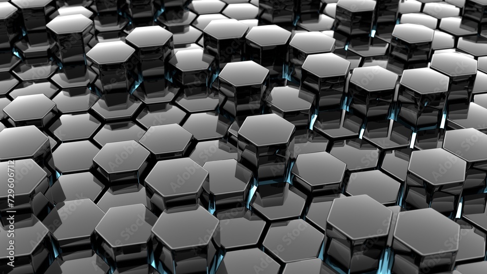 high tech futuristic hexagon polished surface 3d illustration background. Can be used to represent cyber space virtual reality, science research or futuristic energy geometric shapes high tech futuristic hexagon polished surface 3d illustration background. Can be used to represent cyber space virtual reality, science research or futuristic energy geometric shapes